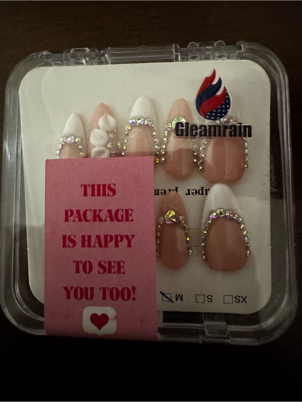 Gleamrain Nude & White Rhinestone Press-On Nails